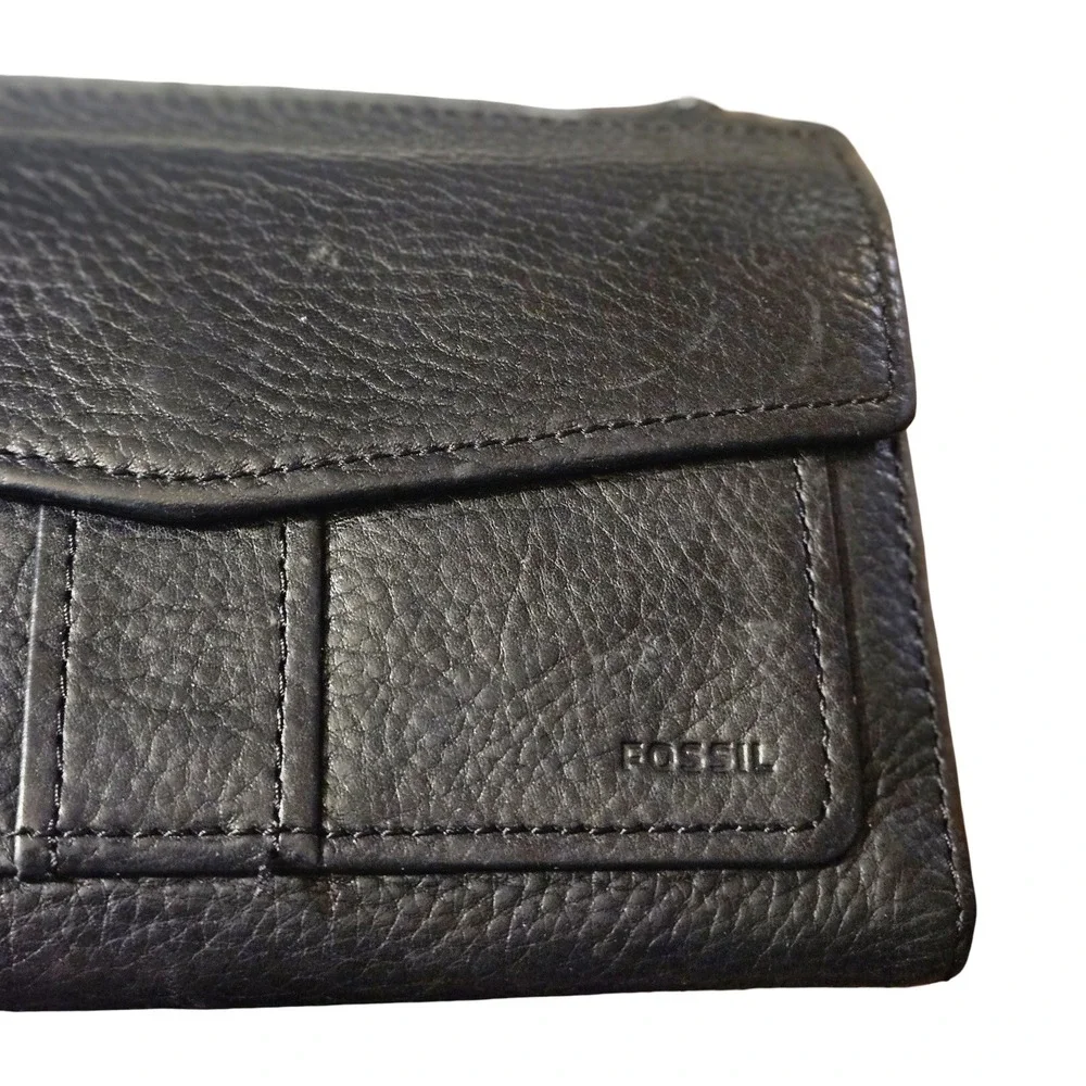 Fossil Black Pebbled Genuine Leather Crossbody Wallet Travel Bag Organizer